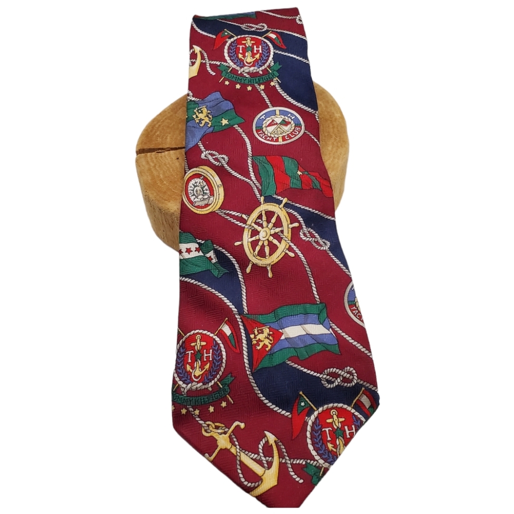 Vintage Tommy Hilfiger Silk Tie Yacht Club Signature Logo Necktie Nautical 90s